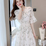 kkboxly  Plants Print Bow Tie Dress, Elegant Short Sleeve Pleated Dress, Women's Clothing