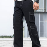 Multi Pocket Wide Leg Jeans, Men's Casual Street Style Loose Fit Cargo Denim Pants For All Seasons