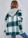 kkboxly  Plus Size Casual Coat, Women's Plus Colorblock Plaid Print Drawstring Hooded Long Sleeve Button Up Overcoat With Pockets