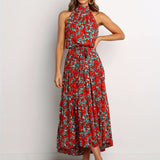 kkboxly  Floral Print Halter Neck Dress, Tie Waist Sleeveless Casual Dress For Summer & Spring, Women's Clothing