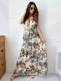 kkboxly  Boho Tropical Print Drawstring Dress, Casual Sleeveless V Neck Slim Waist Maxi Dress, Women's Clothing