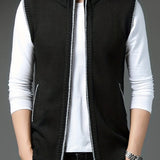 Elegant Slightly Stretch Cardigan Vest, Men's Casual Vintage Style V Neck Stand Collar Zip Up Cardigan Vest For Fall Winter