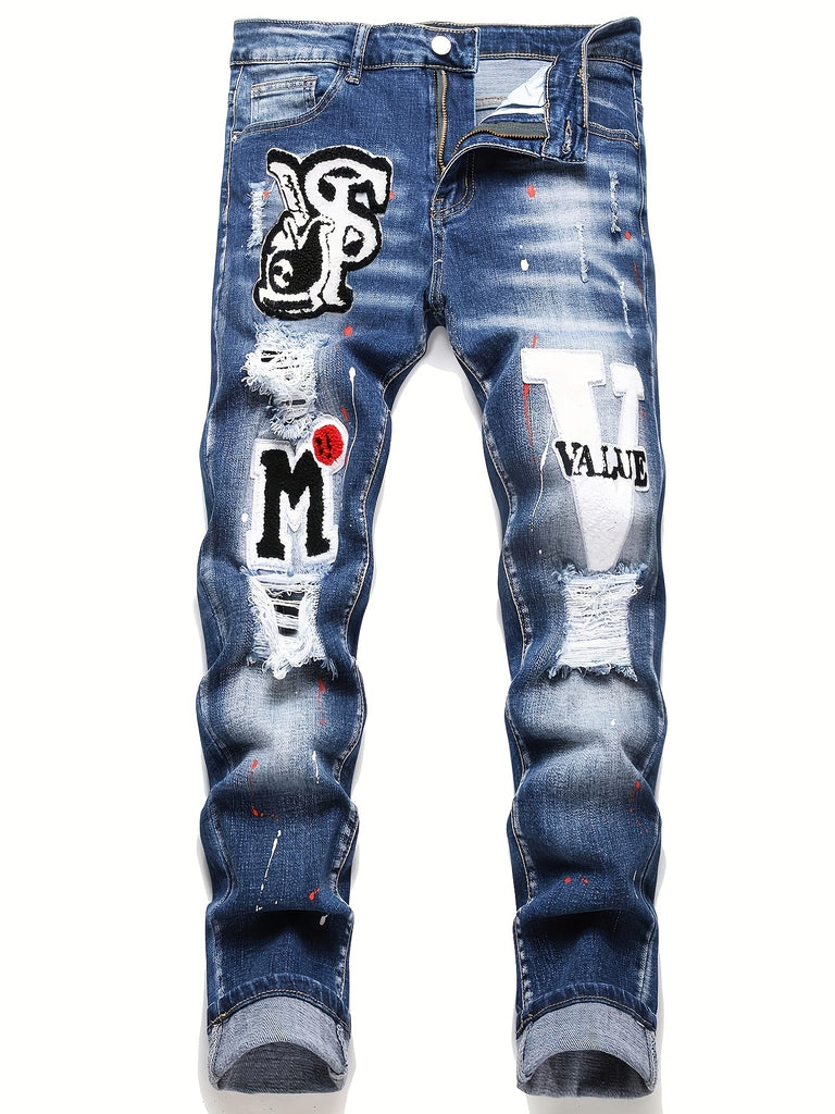 Patch Splatter Ripped Jeans, Men's Casual Street Style Distressed Slim Fit High Stretch Denim Pants For Spring Summer