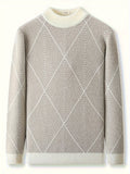 Men's Trendy Argyle Pattern Knitted Pullover, Casual Slightly Stretch Breathable Sweater For Outdoor