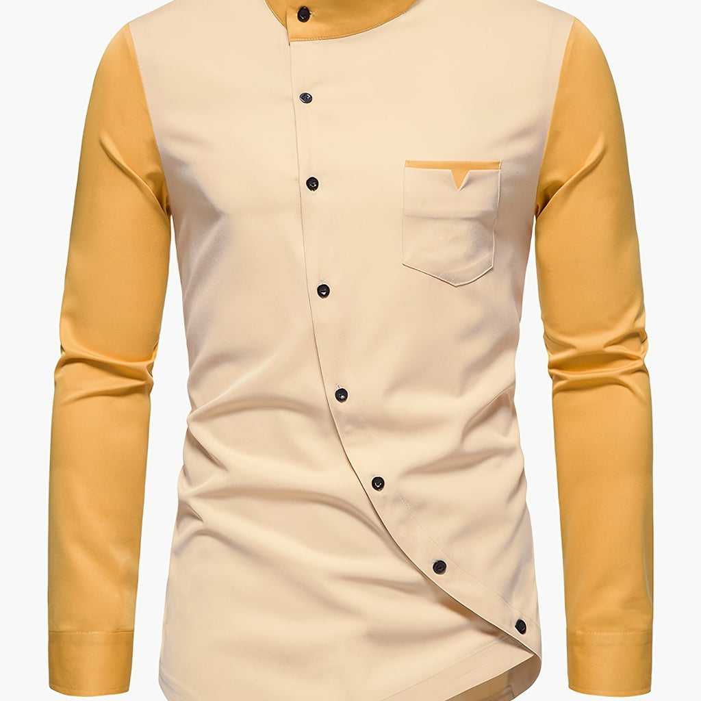 Men's Personality Knob Irregular Contrast Henley Collar Long Sleeve Shirt