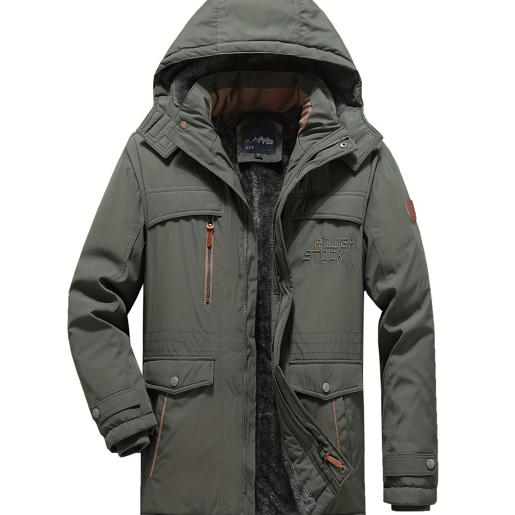 kkboxly Warm Fleece Flap Pocket Jacket For Fall Winter, Men's Casual Hooded Windbreaker Jacket For Outdoor Climbing Camping
