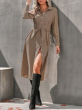 kkboxly  Elegant Belt Slit Dress, Long Sleeve Solid V-neck Single Breasted Fashion Waist Fall & Winter Dresses, Women's Clothing