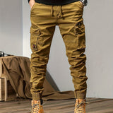 kkboxly  Trendy Solid Cargo Cotton Pants, Men's Multi Flap Pocket Trousers, Loose Casual Outdoor Pants, Men's Work Pants Outdoors Streetwear Hip Hop Style