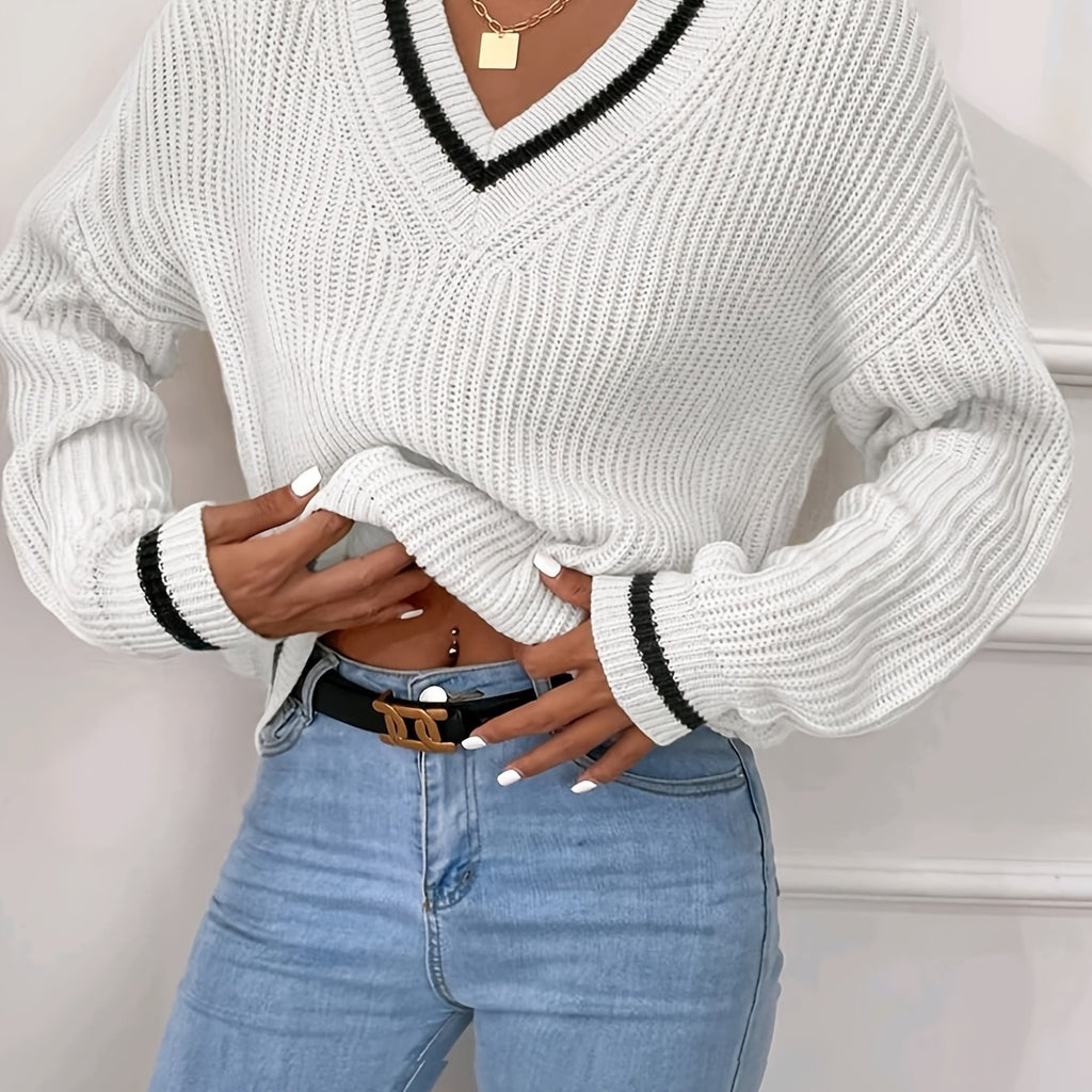 Striped Print Knit Sweater, Casual V Neck Long Sleeve Sweater, Women's Clothing