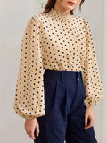 kkboxly  Polka-dot Print Mock Neck Blouse, Elegant Long Lantern Sleeve Blouse For Spring & Fall, Women's Clothing