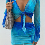 kkboxly Tie Dye Sexy Two-piece Set, Knotted Flared Sleeve Tops & Ruched Drawstring Skirts Outfits, Women's Clothing