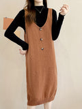 kkboxly  Solid Button Decor V Neck Knitted Dress, Elegant Sleeveless Tank Dress For Fall & Winter, Women's Clothing