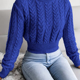 Solid Crew Neck Cable Knit Sweater, Casual Long Sleeve Pullover Sweater, Women's Clothing