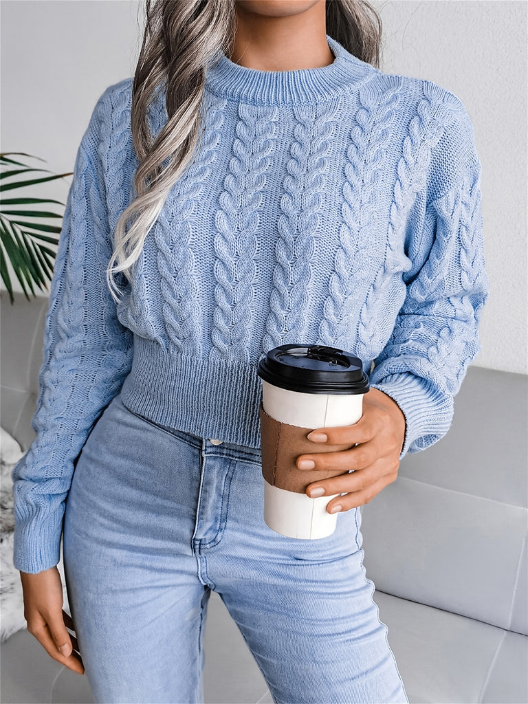 kkboxly  Cable Crew Neck Crop Sweater, Casual Waist Long Sleeve Fall Winter Knit Crop Sweater, Women's Clothing