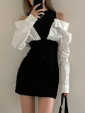 kkboxly  Color Block Cold Shoulder Dress, Stylish Cuff Sleeve Crew Neck Mini Dress, Women's Clothing
