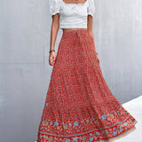 kkboxly  Boho Ditsy Floral Print High Waist Skirt, Boho Pleated Drawstring A Line Skirt, Women's Clothing