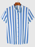 kkboxly  Men's Casual Stripe Mismatch Pattern Mandarin Collar Short Sleeve Shirt, Male Hawaiian Shirt For Summer