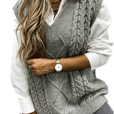 Cable V-Neck Sweater Vests, Casual Loose Sleeveless Fall Winter Knit Sweater Vest, Women's Clothing