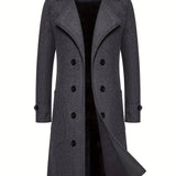 kkboxly  Classic Design Warm Coat, Men's Semi-formal Long Length Double Breasted Lapel Coat For Fall Winter Business