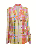 Plaid Print Lapel Blazer, Casual Double Breasted Open Front Outerwear, Women's Clothing