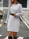 Solid Knitted Above Knee Dress, Casual Crew Neck Long Sleeve Dress, Women's Clothing