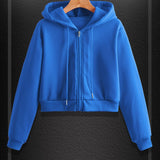 kkboxly  Solid Color Drawstring Crop Hoodie, Casual Zip Up Long Sleeve Hooded Sweatshirt