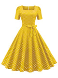 kkboxly  Polka Dot Bow Front Dress, Vintage Elegant Square Neck Short Sleeve Dress, Women's Clothing