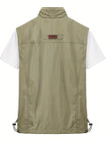 kkboxly  Zipper Pockets Cargo Vest, Men's Casual Outwear Stand Collar Zip Up Vest For Spring Summer Outdoor Fishing Photography