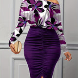kkboxly Casual Bodycon Two-piece Set, Floral Print Slanted Shoulder Tops & Solid Ruched Bag Hip Skirts Outfits, Women's Clothing