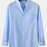 kkboxly  Men's Autumn&Winter Simple Casual Cerulean Cotton And Linen Long Sleeves Lapel Cardigan Shirt For Daily Life