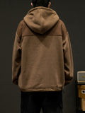 kkboxly  Men's Trendy Fleece Hoodie, Casual Slightly Stretch Breathable Button Up Loose Hooded Sweatshirt For Outdoor