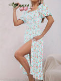 kkboxly  Floral Print Split Backless Dress, Boho Square Neck Short Sleeve Dress, Women's Clothing