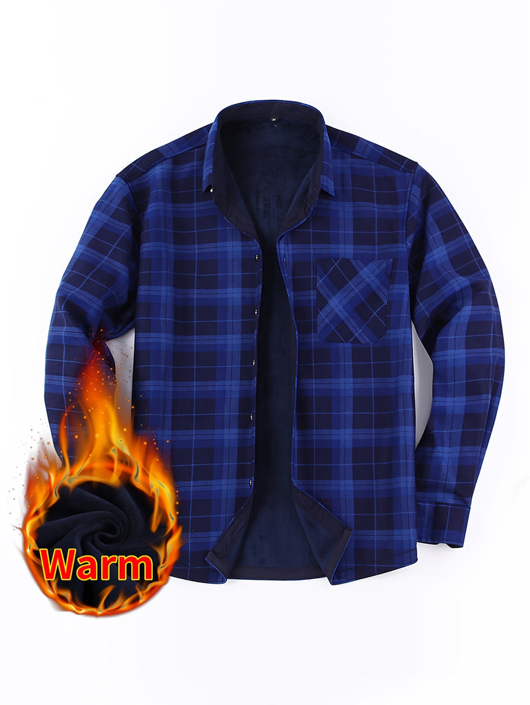 kkboxly  Men's Casual Plaid Pattern Men's Long Sleeved Plus Fleece Shirt With Chest Pocket, Men's Plush Thick warm Button Shirt For Autumn And Winter