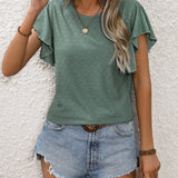 kkboxly  Eyelet Crew Neck T-Shirt, Casual Ruffle Sleeve Top For Spring & Summer, Women's Clothing