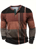 kkboxly  Vintage Color Block Men's Long Sleeve Round Neck Henley Shirt, Spring Fall Stretch Top