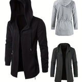 kkboxly  Plus Size Men's Casual Hooded Jacket, Solid Color Lengthened Cardigan Long Sleeved Loose Drawstring Coat
