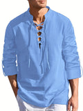 kkboxly  Men's Casual Cotton Linen Shirt Solid Color Drawstring Shirt