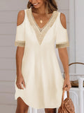 kkboxly  Contrast Lace Cold Shoulder Dress, Casual V Neck Short Sleeve Dress, Women's Clothing