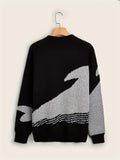 kkboxly  Cartoon Whale Print, Loose Fit Warm Sweater, Men's Casual Retro Style Slightly Stretch Crew Neck Pullover Sweater For Fall Winter