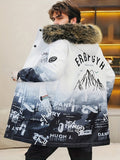 Men's Casual Mountain Print Hooded Warm Thick Jacket, Chic Fleece Lined Coat For Fall Winter