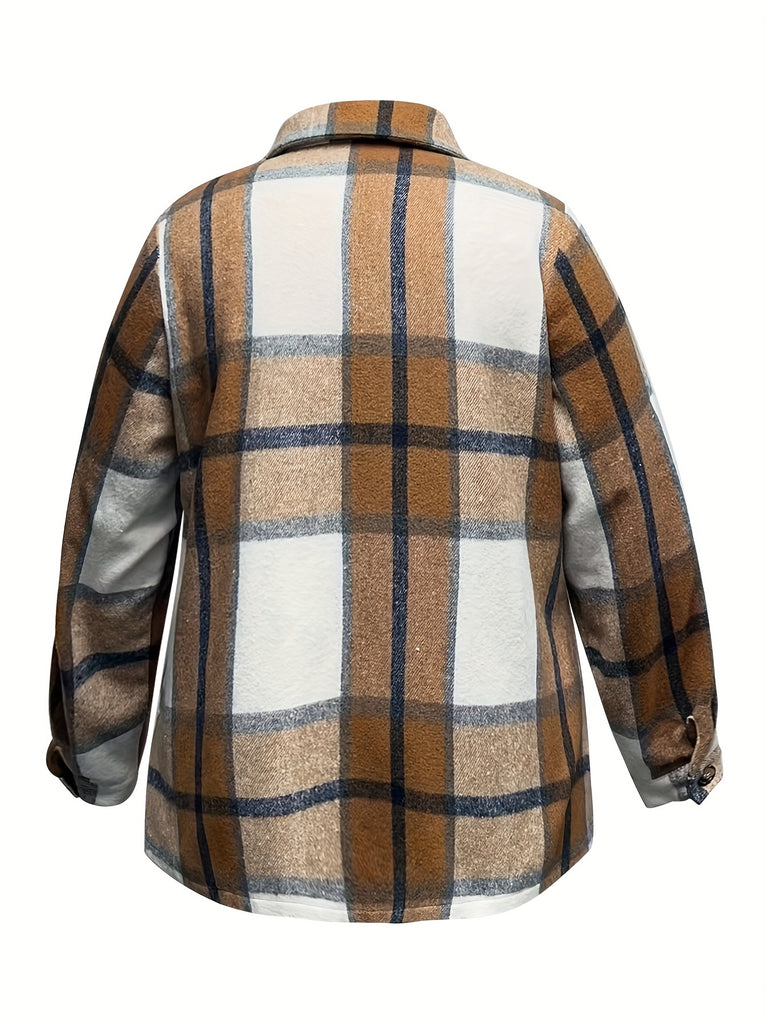 kkboxly  Plus Size Casual Coat, Women's Plus Plaid Print Button Up Long Sleeve Turn Down Collar Shirt Coat
