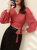 kkboxly  Solid Knotted Blouse, Elegant V Neck Lantern Sleeve Blouse, Women's Clothing