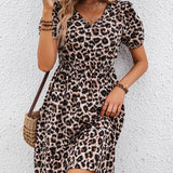 2025 kkboxly  Leopard Print V Neck Dress, Casual Short Sleeve Elastic Waist Dress For Spring & Summer, Women's Clothing