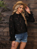 kkboxly  Solid Floral Blouse, Elegant Crew Neck Long Sleeve Ruffle Trim Blouse, Women's Clothing