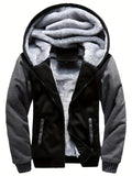 kkboxly  Warm Fleece Hooded Jacket, Men's Casual Zip Up Slant Pocket Jacket For Fall Winter