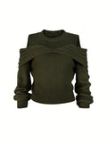 Elegant Cold Shoulder Solid Knit Sweater, Casual Crew Neck Long Sleeve Sweater, Women's Clothing
