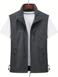 kkboxly  Zipper Pockets Cargo Vest, Men's Casual Outwear Stand Collar Zip Up Vest For Spring Summer Outdoor Fishing Photography