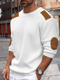 kkboxly  Casual Color Block Men's Long Sleeve Knitted Round Neck T-shirt With Elbow Design, Spring Fall Outdoor
