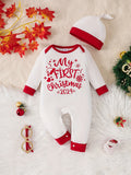 Baby's "My First Christmas " Print Casual Long Sleeve Romper & Hat, Toddler & Infant Boy's Bodysuit  For Fall & Winter Outdoors