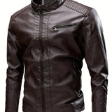 kkboxly  Vintage PU Leather Jacket, Men's Casual Zip Up Stand Collar Faux Leather Jacket For Spring Fall Outdoor